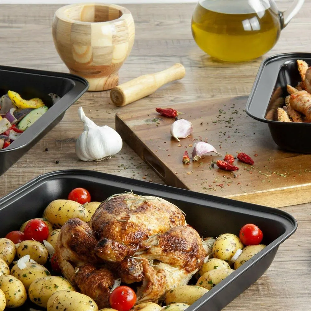 ( NET) Non-stick Rectangle Roasting Marble Baking Pan Set 3 Pcs