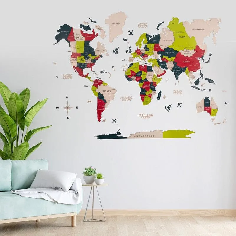 3D Colored Wooden World Map Wild Watermelon Basic