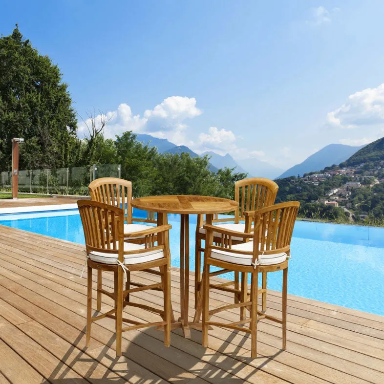 5 Piece Round Teak Wood Orleans Bar Table/Chair Set With Cushions