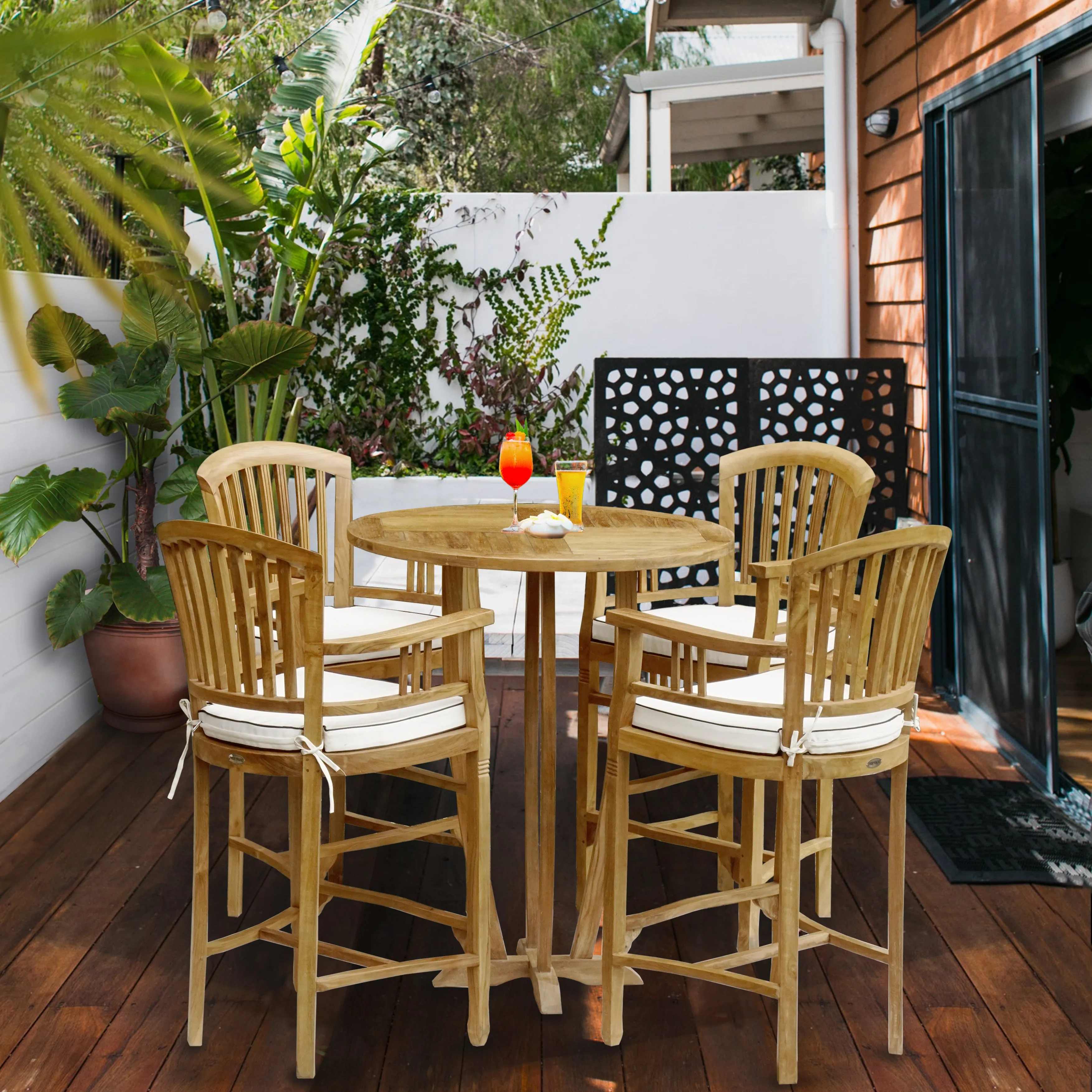 5 Piece Round Teak Wood Orleans Bar Table/Chair Set With Cushions