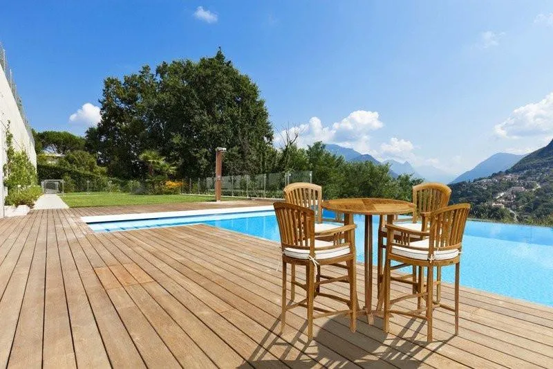 5 Piece Round Teak Wood Orleans Bar Table/Chair Set With Cushions