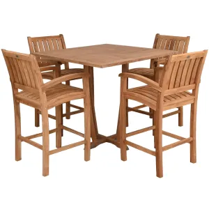 5 Piece Teak Wood Bistro Bar Set Including 35" Square Miami Table and 4 Abaco Barstools with Arms