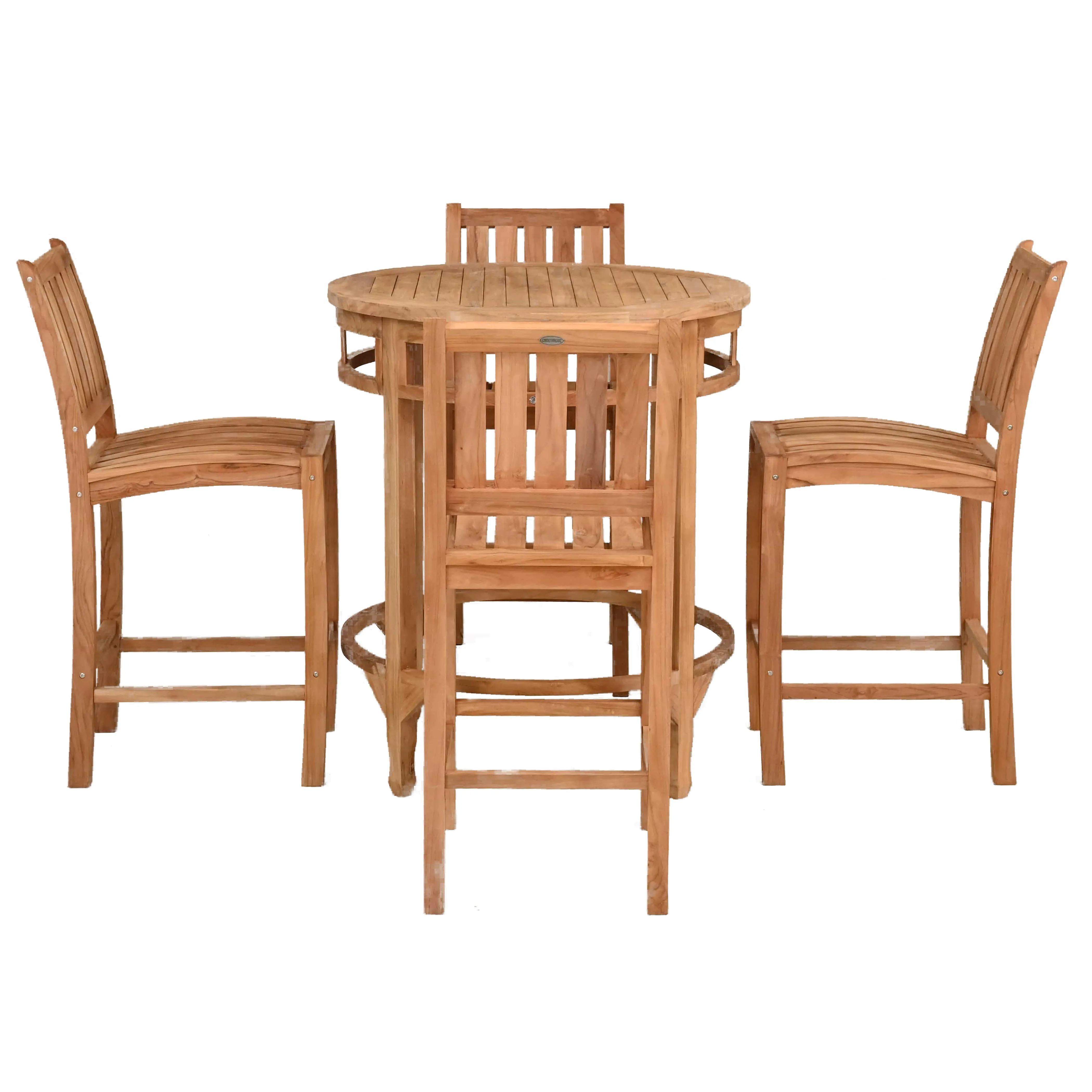 5 Piece Teak Wood Bistro Bar Set Including 38" Round Orleans Bar Table and 4 Abaco Barstools