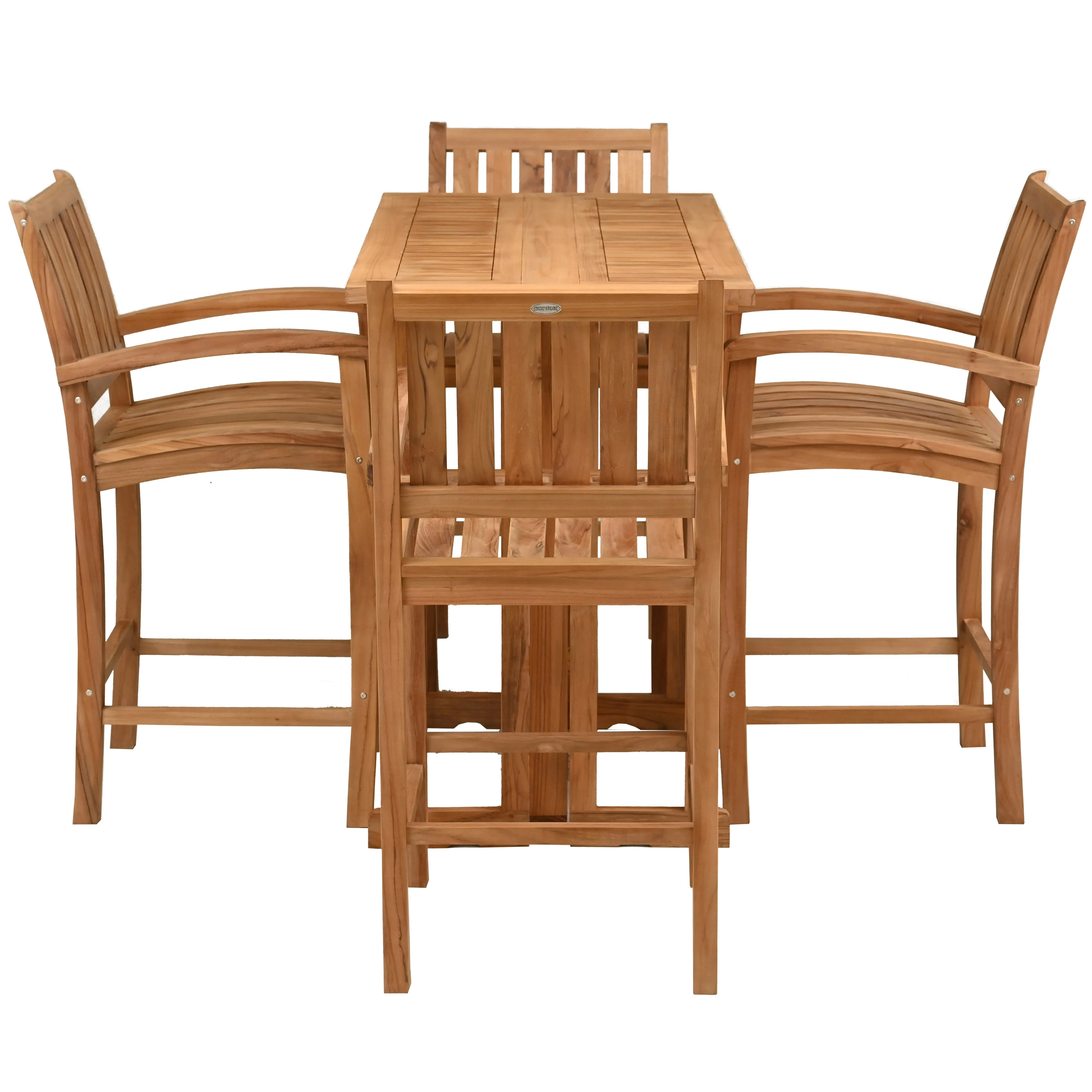 5 Piece Teak Wood Bistro Bar Set Including 55" Rectangular Hatteras Folding Table and 4 Abaco Barstools with Arms