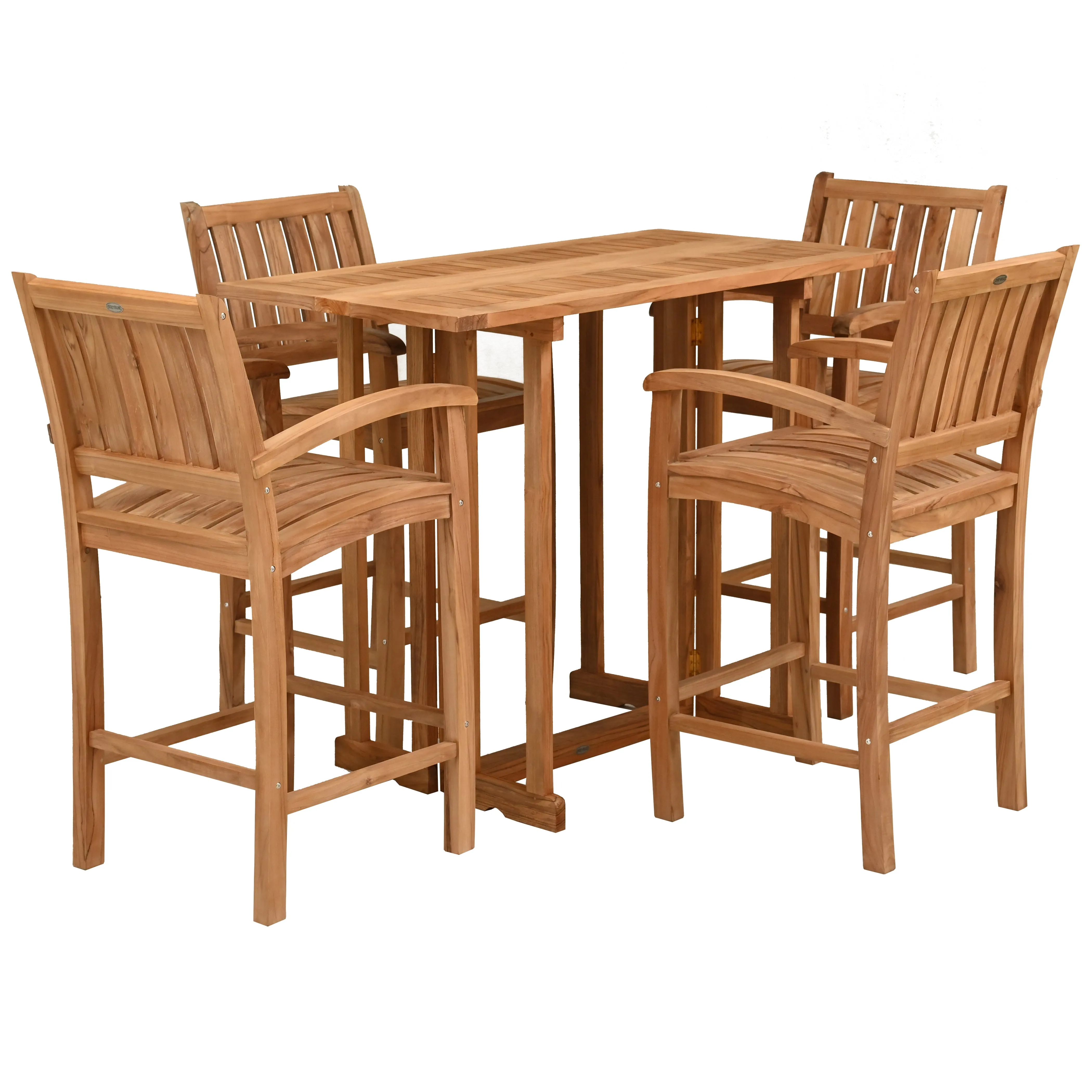 5 Piece Teak Wood Bistro Bar Set Including 55" Rectangular Hatteras Folding Table and 4 Abaco Barstools with Arms