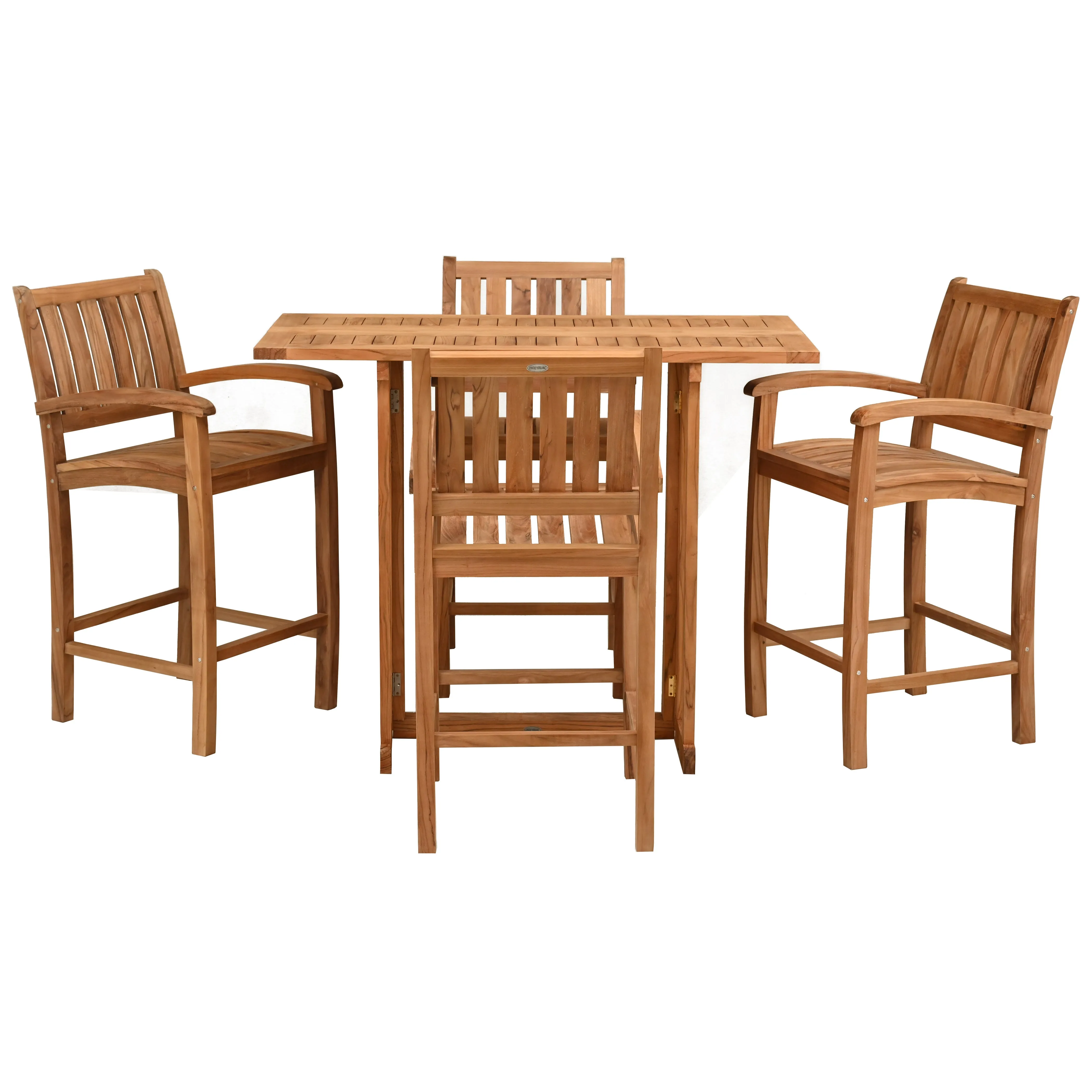 5 Piece Teak Wood Bistro Bar Set Including 55" Rectangular Hatteras Folding Table and 4 Abaco Barstools with Arms