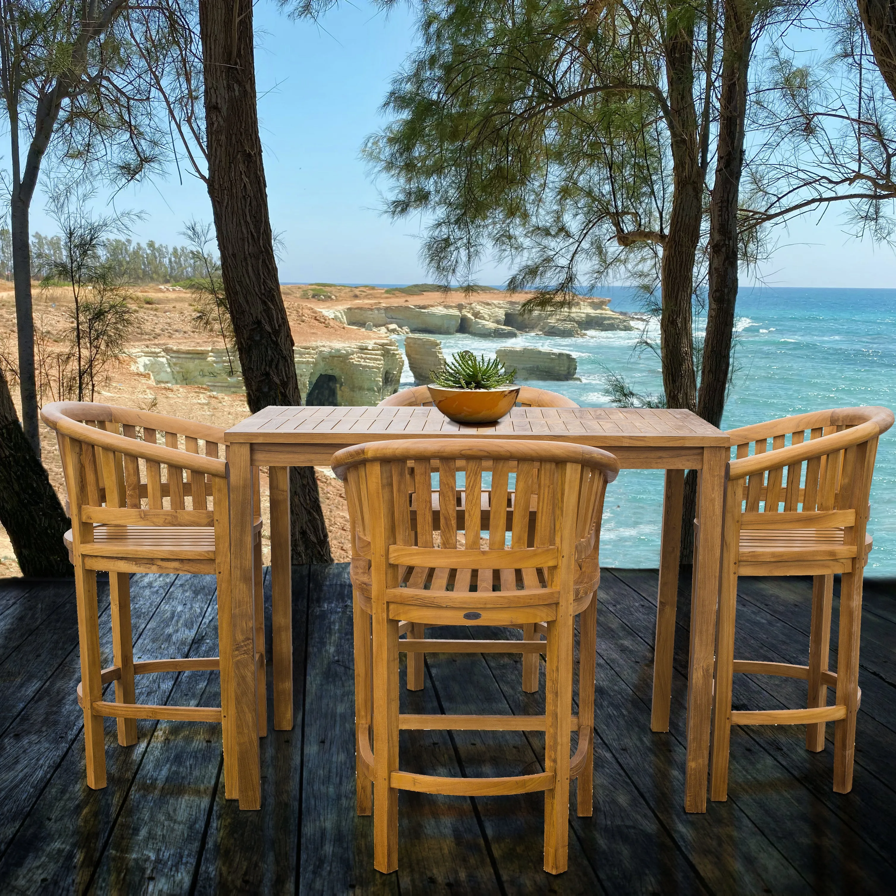 5 Piece Teak Wood Peanut Patio Bistro Bar Set with 4 Bar Chairs and 55" Bar Table