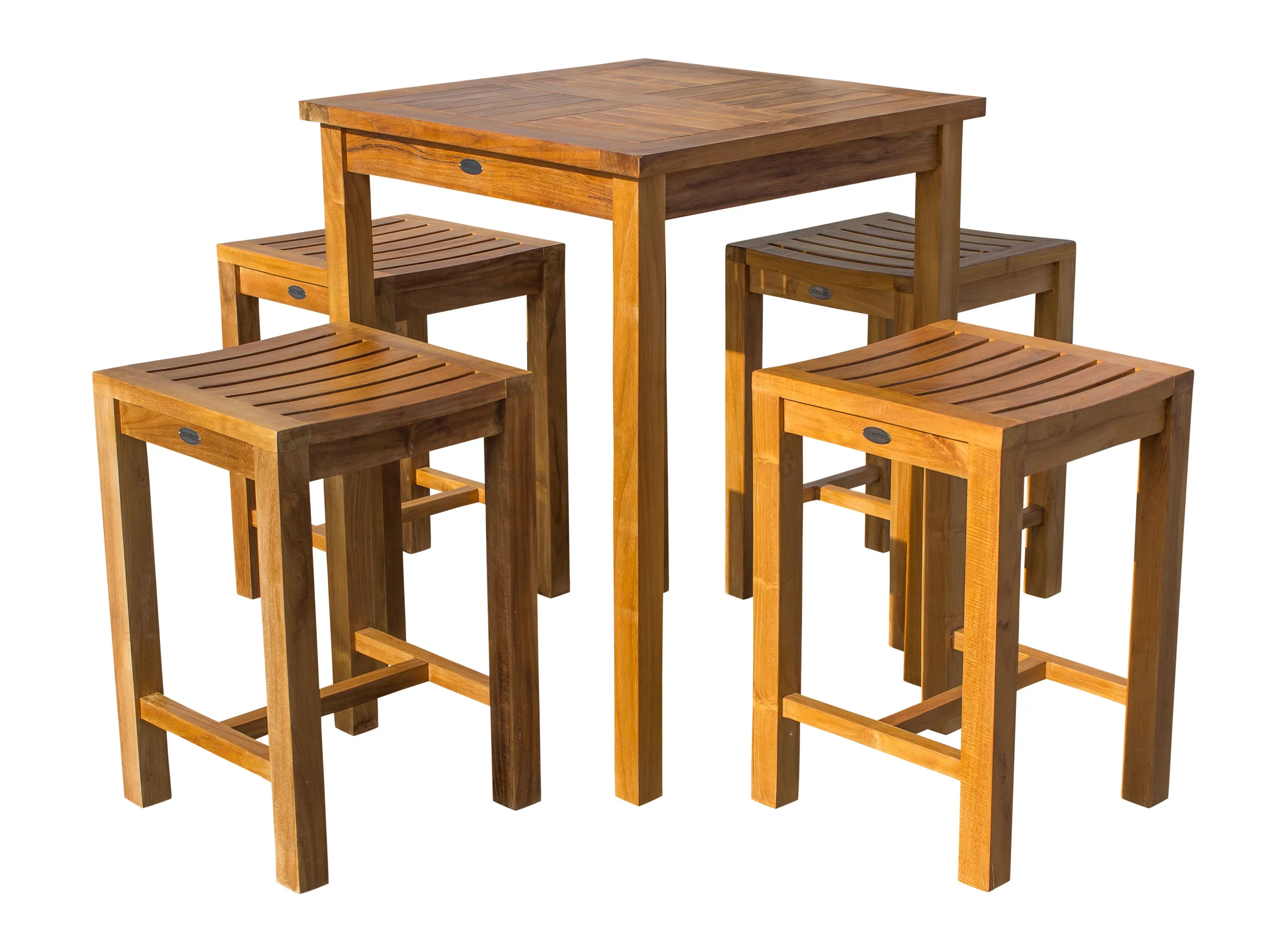 5 Piece Teak Wood Seville Small Counter Height Patio Bistro Set, 4 Counters Stools and 27" Square Table