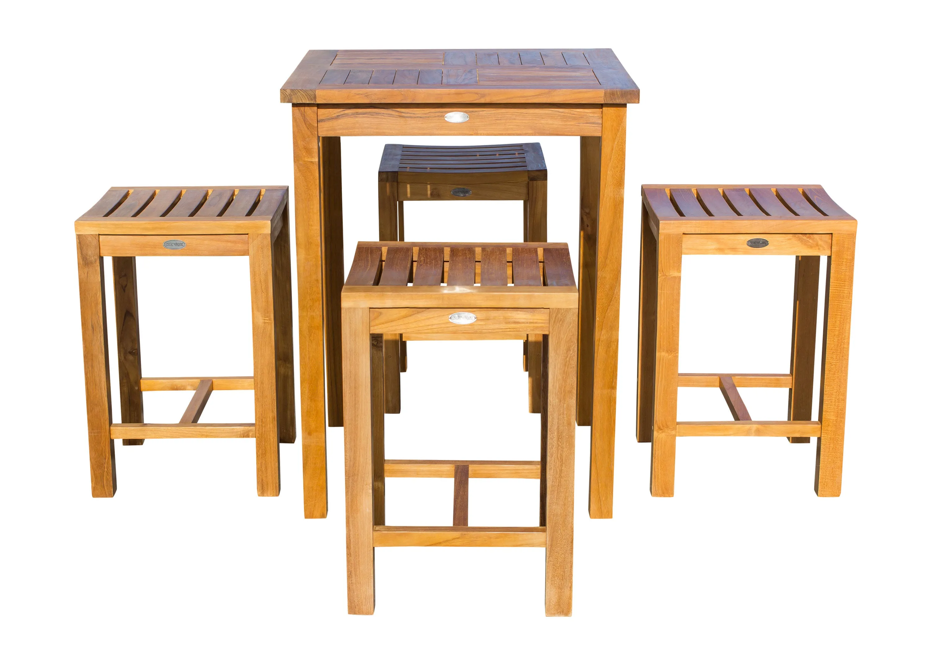 5 Piece Teak Wood Seville Small Counter Height Patio Bistro Set, 4 Counters Stools and 27" Square Table