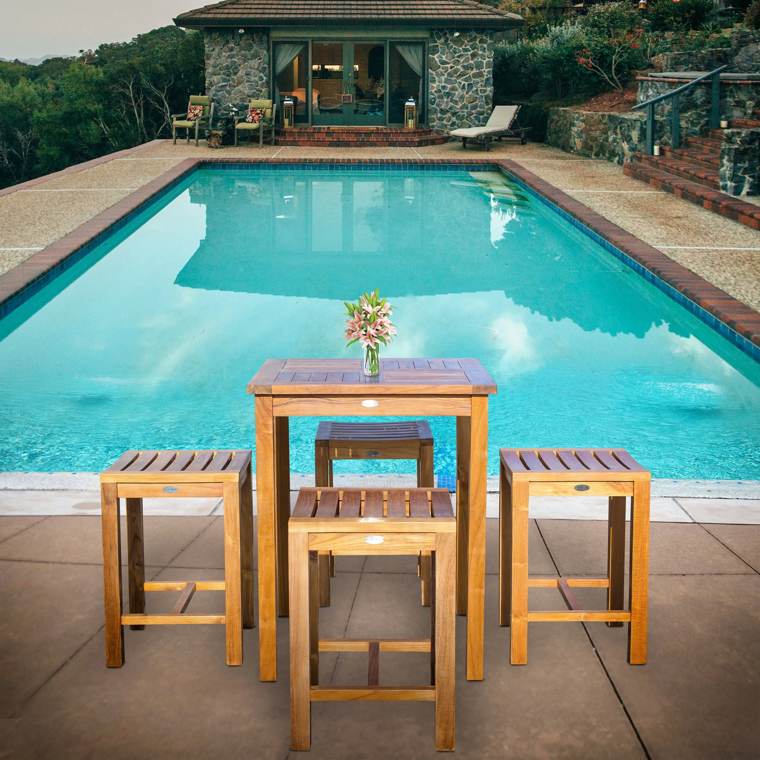 5 Piece Teak Wood Seville Small Counter Height Patio Bistro Set, 4 Counters Stools and 27" Square Table