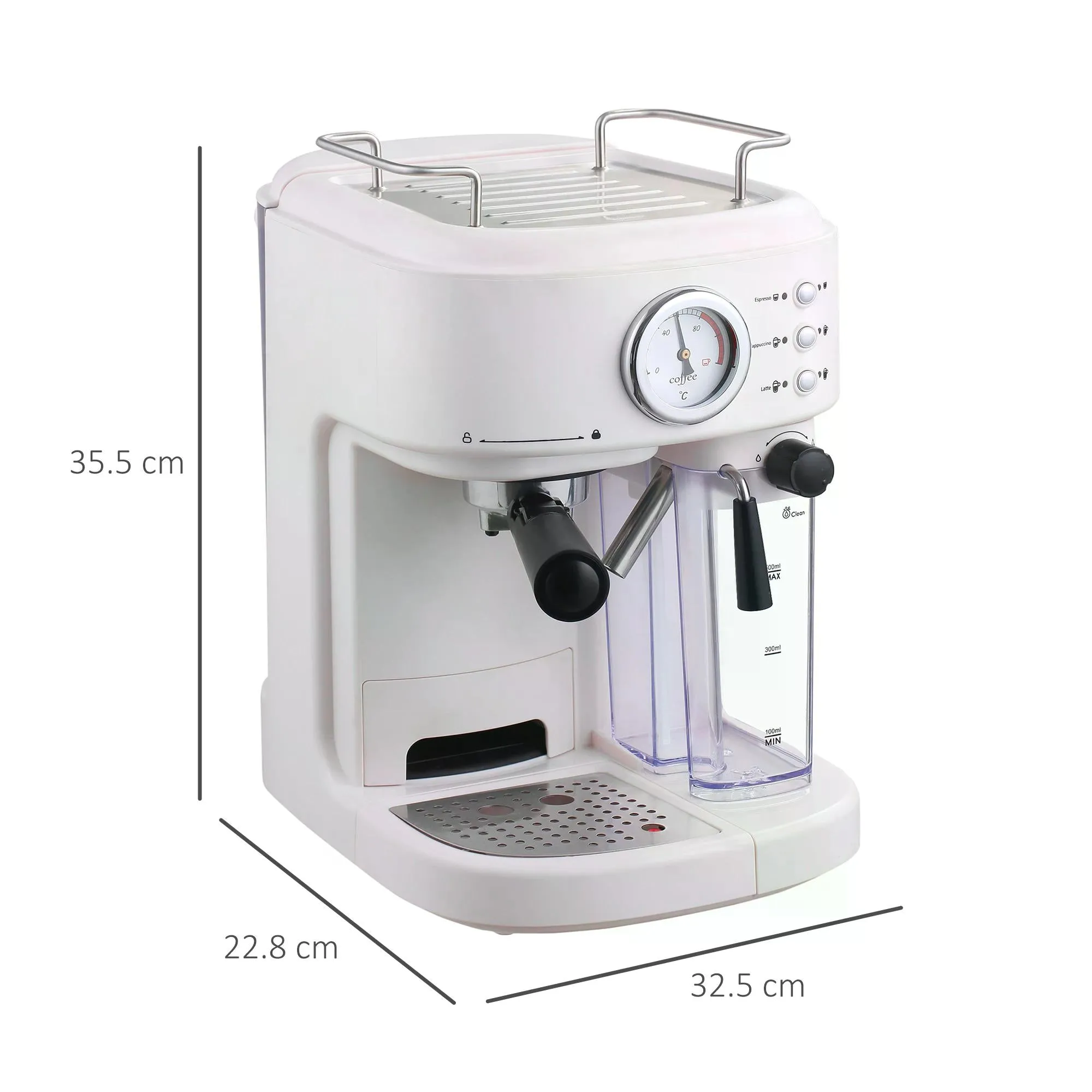 5Pc Coffee Machine, Espresso & Cappuccino & Latte Maker with Milk Frothing Steamer, 1.5L Removable Water Tank, 2 Cups, 1250W