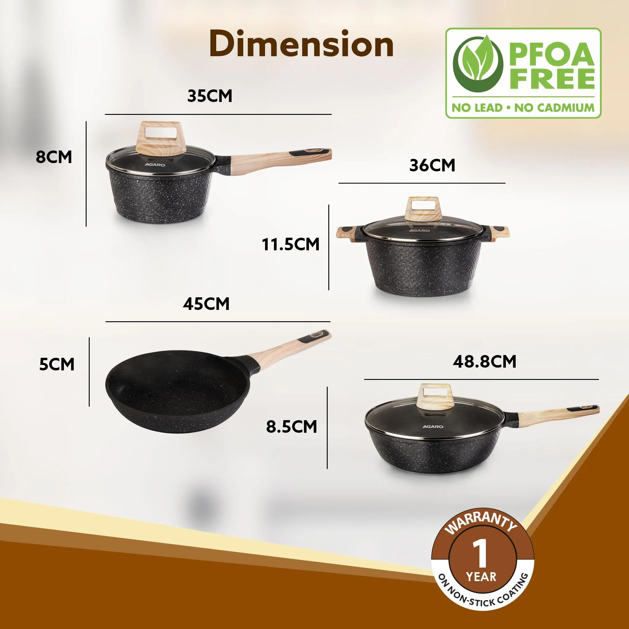 AGARO Imperial Granite Non Stick Cookware Set, 4pcs Cookware Set, 24cm Fry Pan & Casserole with Lid, 16cm Sauce pan with Lid, 28cm Deep Fry Pan with Lid, Cast Aluminium, Gas & Induction Compatible.