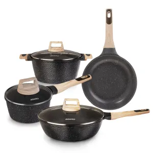 AGARO Imperial Granite Non Stick Cookware Set, 4pcs Cookware Set, 24cm Fry Pan & Casserole with Lid, 16cm Sauce pan with Lid, 28cm Deep Fry Pan with Lid, Cast Aluminium, Gas & Induction Compatible.