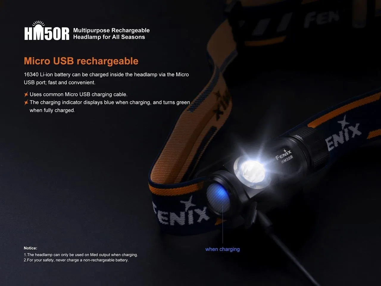 Brand New Fenix HM50R 500 Lumens  High-Performance light weight rechargeable LED multi-purpose headlamp