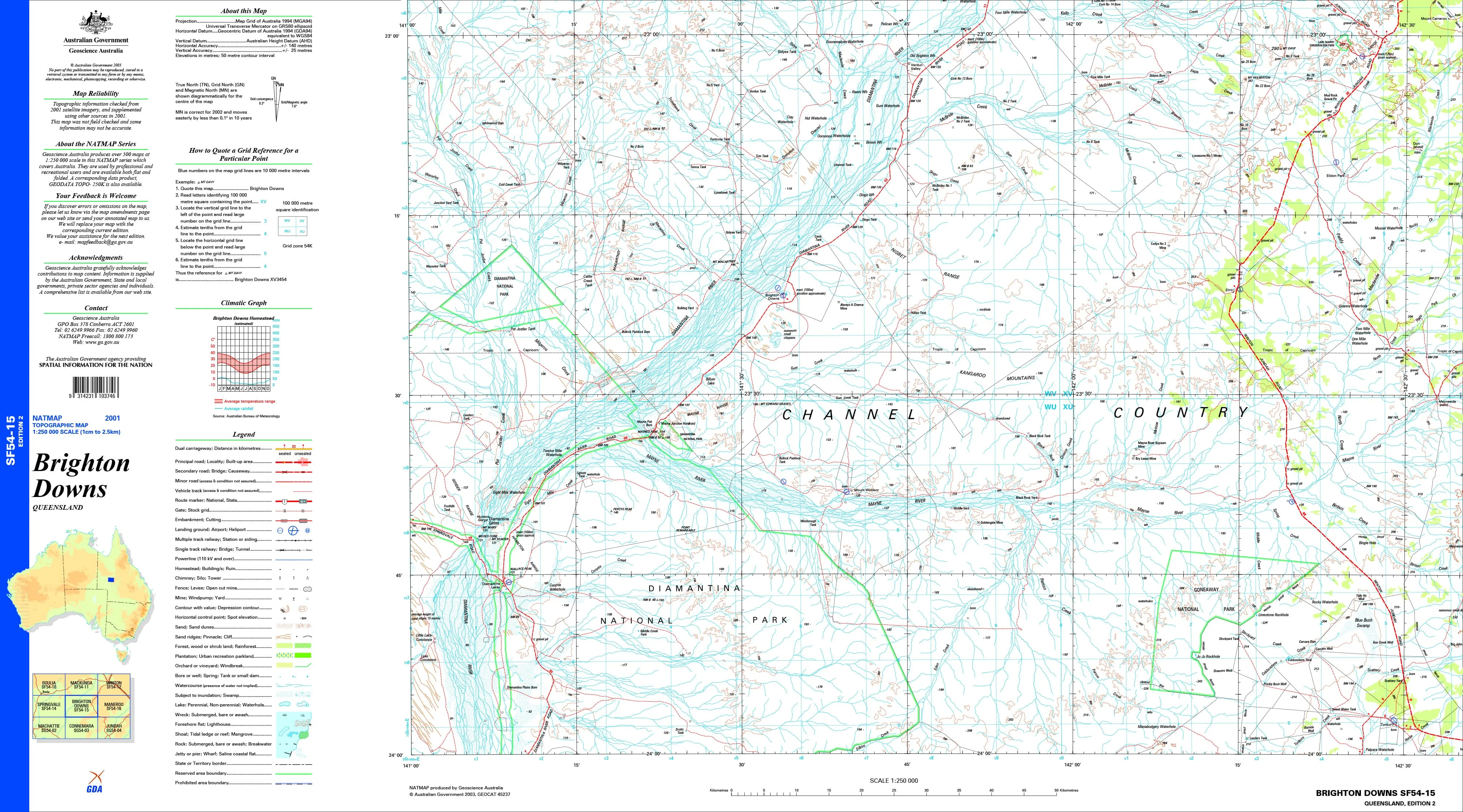 Brighton Downs SF54-15 Topographic Map 1:250k