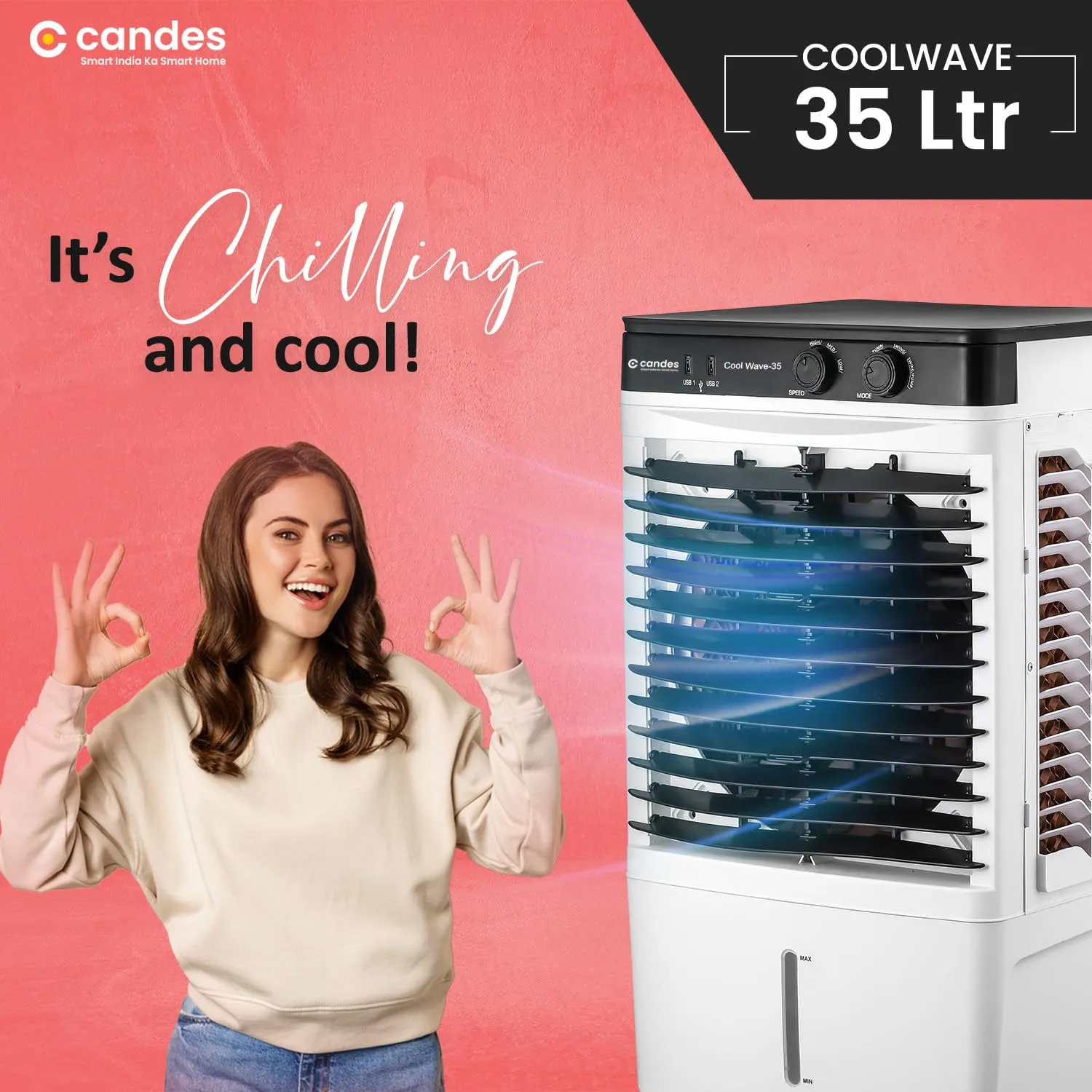 Candes CoolWave 25 L Personal Portable Air Cooler with Anti Bacterial Honeycomb Pads | Auto Swing and 3 Speed Control | Low Power Consumption, White Black