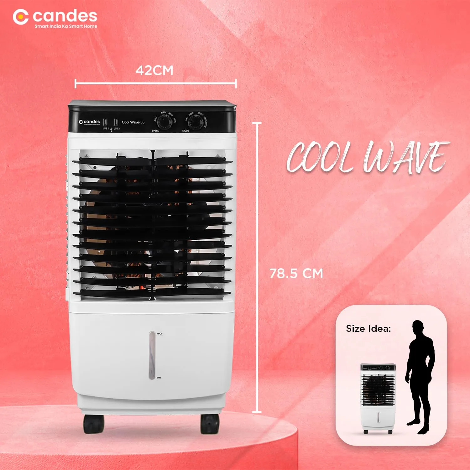 Candes CoolWave 25 L Personal Portable Air Cooler with Anti Bacterial Honeycomb Pads | Auto Swing and 3 Speed Control | Low Power Consumption, White Black