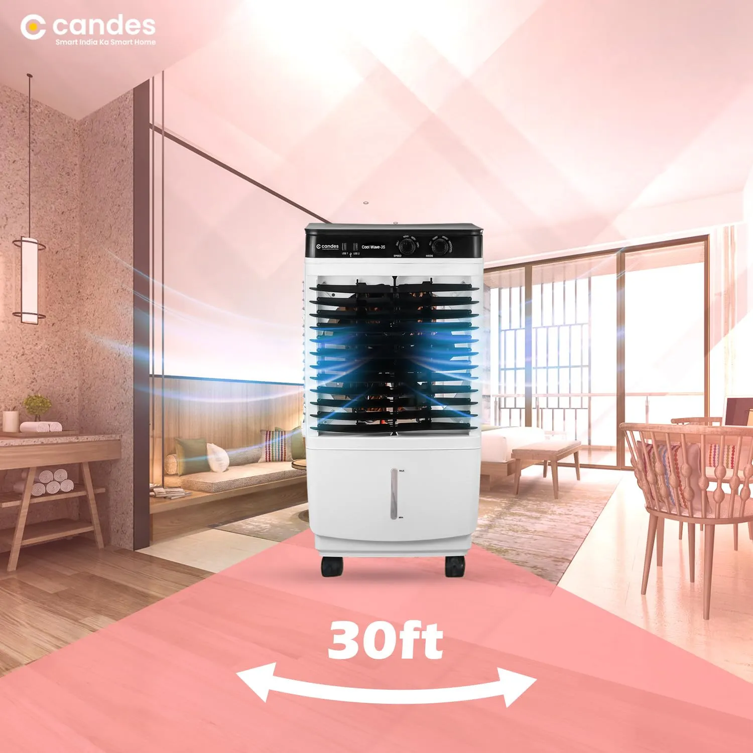 Candes CoolWave 25 L Personal Portable Air Cooler with Anti Bacterial Honeycomb Pads | Auto Swing and 3 Speed Control | Low Power Consumption, White Black