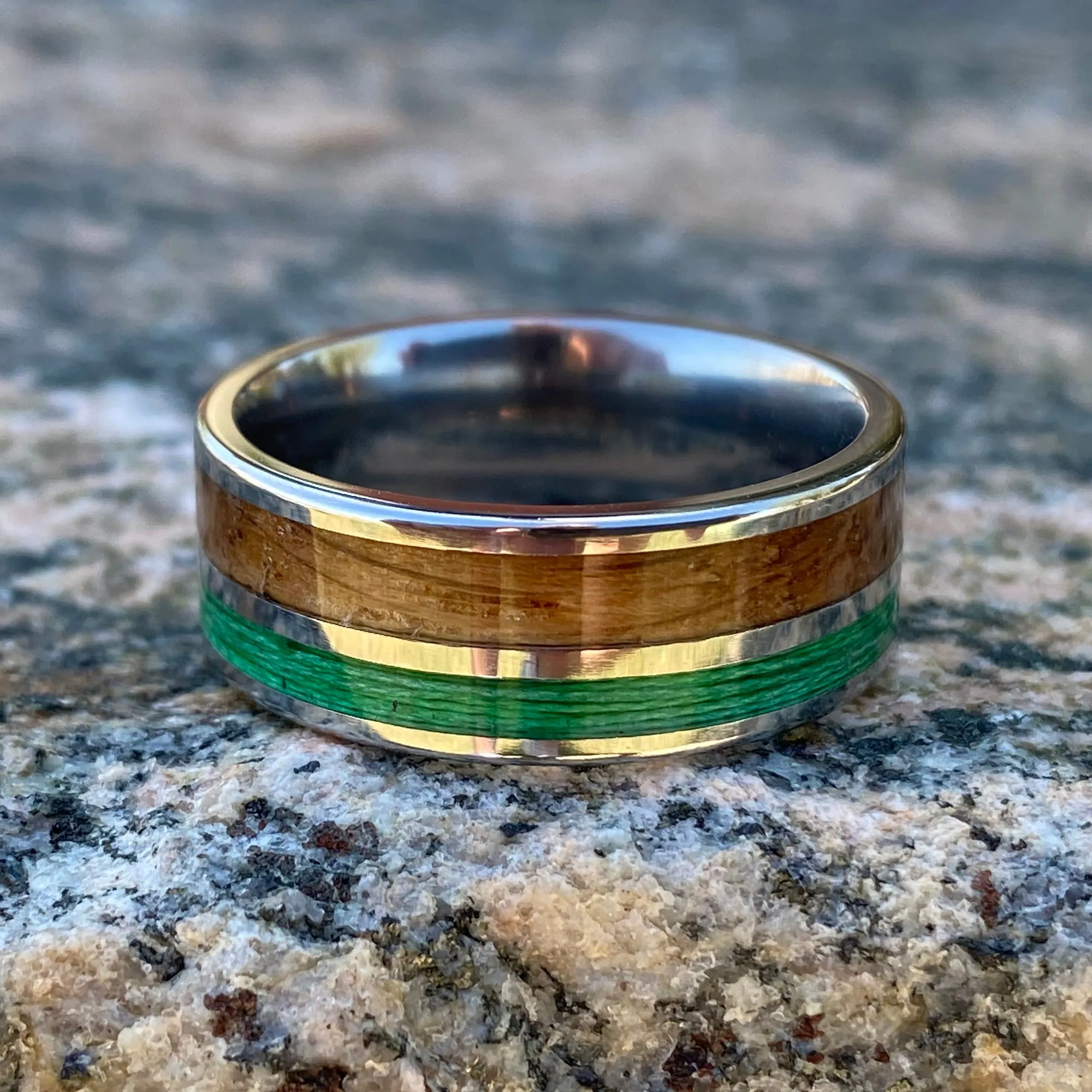 Custom Titanium Mens Wedding Band with Whiskey Barrel & Green Fishing Line Inlays - 8mm Fishing Ring with Comfort Fit - Unique Mens Ring