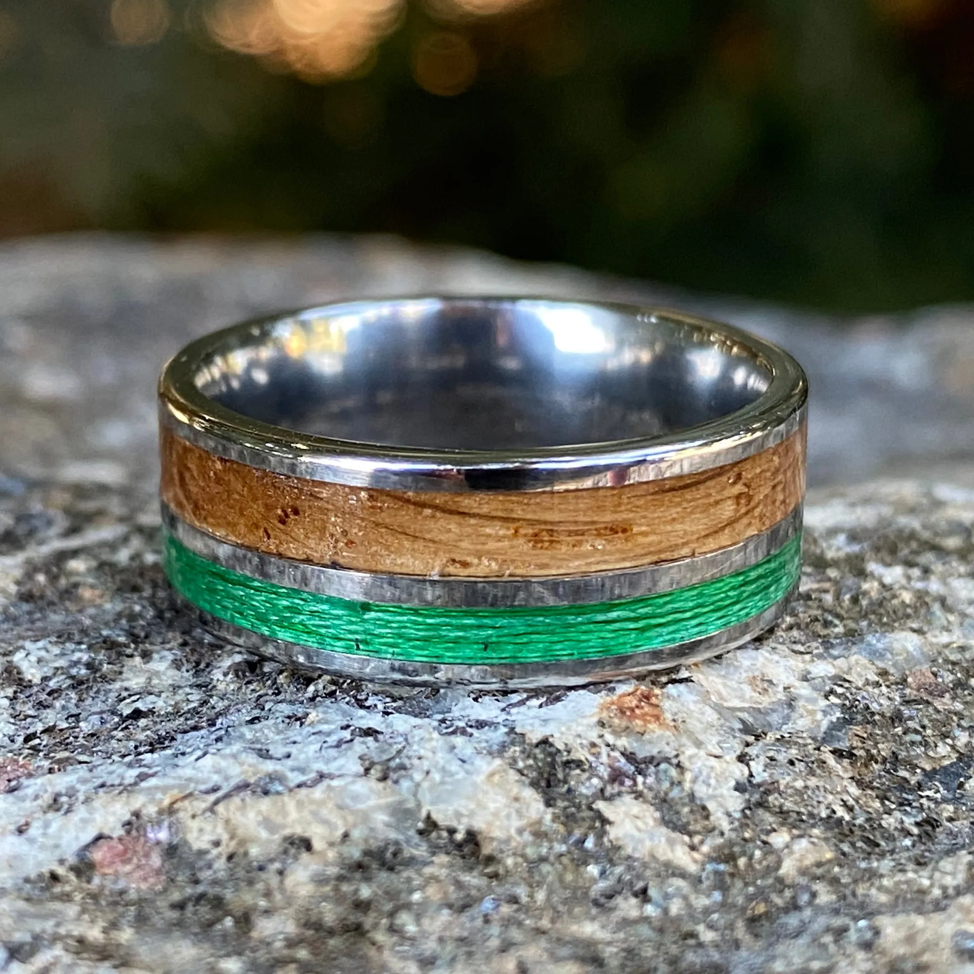 Custom Titanium Mens Wedding Band with Whiskey Barrel & Green Fishing Line Inlays - 8mm Fishing Ring with Comfort Fit - Unique Mens Ring