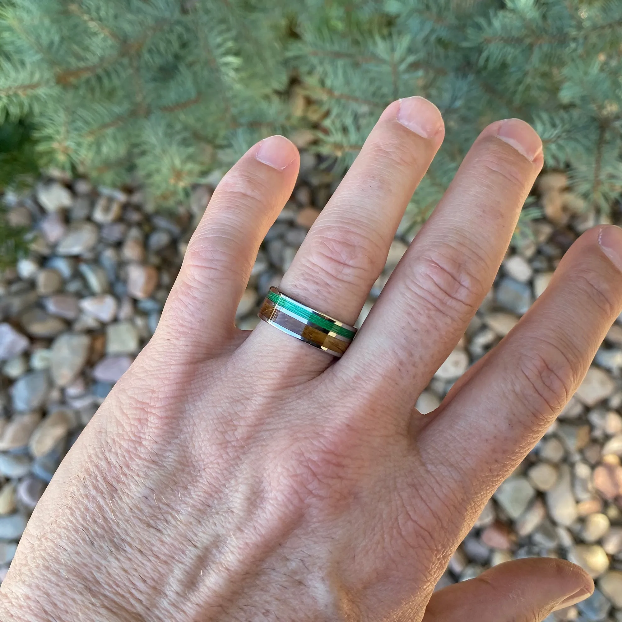 Custom Titanium Mens Wedding Band with Whiskey Barrel & Green Fishing Line Inlays - 8mm Fishing Ring with Comfort Fit - Unique Mens Ring