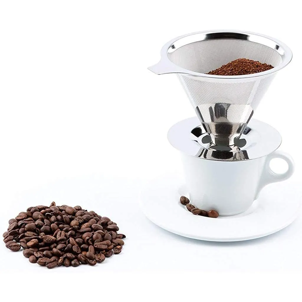 HASTHIP® Pour Over Coffee Dripper-Stainless Steel Reusable Drip Cone Coffee Filter-Paperless Metal Fine Mesh Strainer Coffee Brewer-Coffee Maker 1-6 Cup With Non-slip Cup Stand and Cleaning Brush