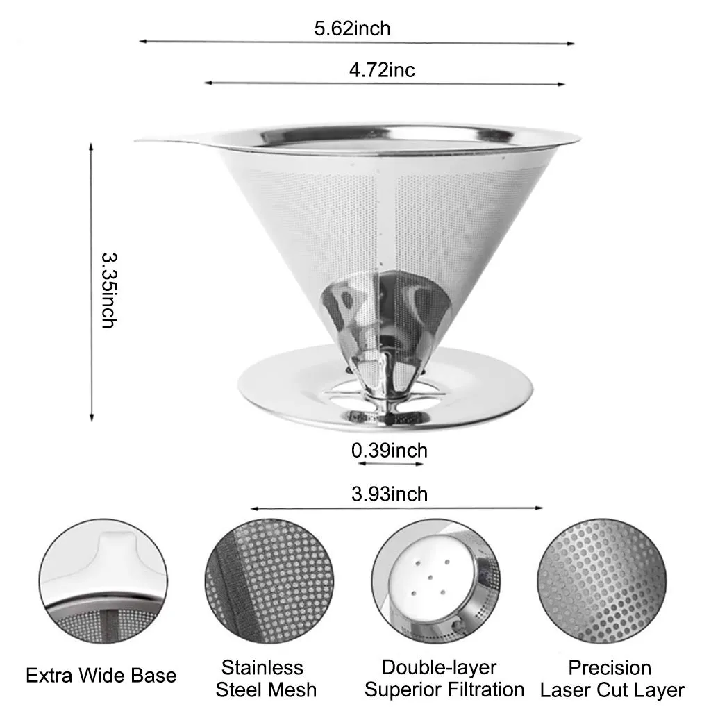 HASTHIP® Pour Over Coffee Dripper-Stainless Steel Reusable Drip Cone Coffee Filter-Paperless Metal Fine Mesh Strainer Coffee Brewer-Coffee Maker 1-6 Cup With Non-slip Cup Stand and Cleaning Brush