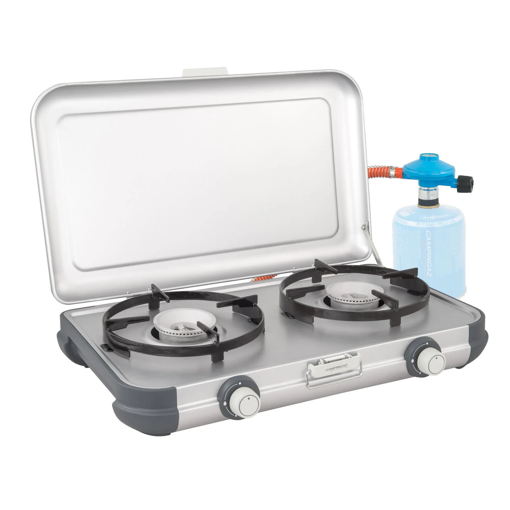 Kitchen Kit Cv Campingaz two-burner camping stove with gas regulator and hose