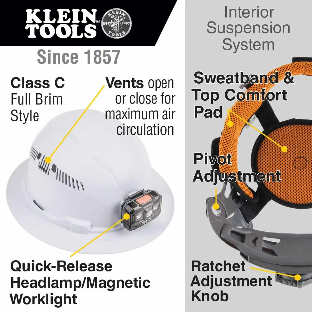 Klein 60407RL Hard Hat, Full Brim White w/Rechargeable Headlamp