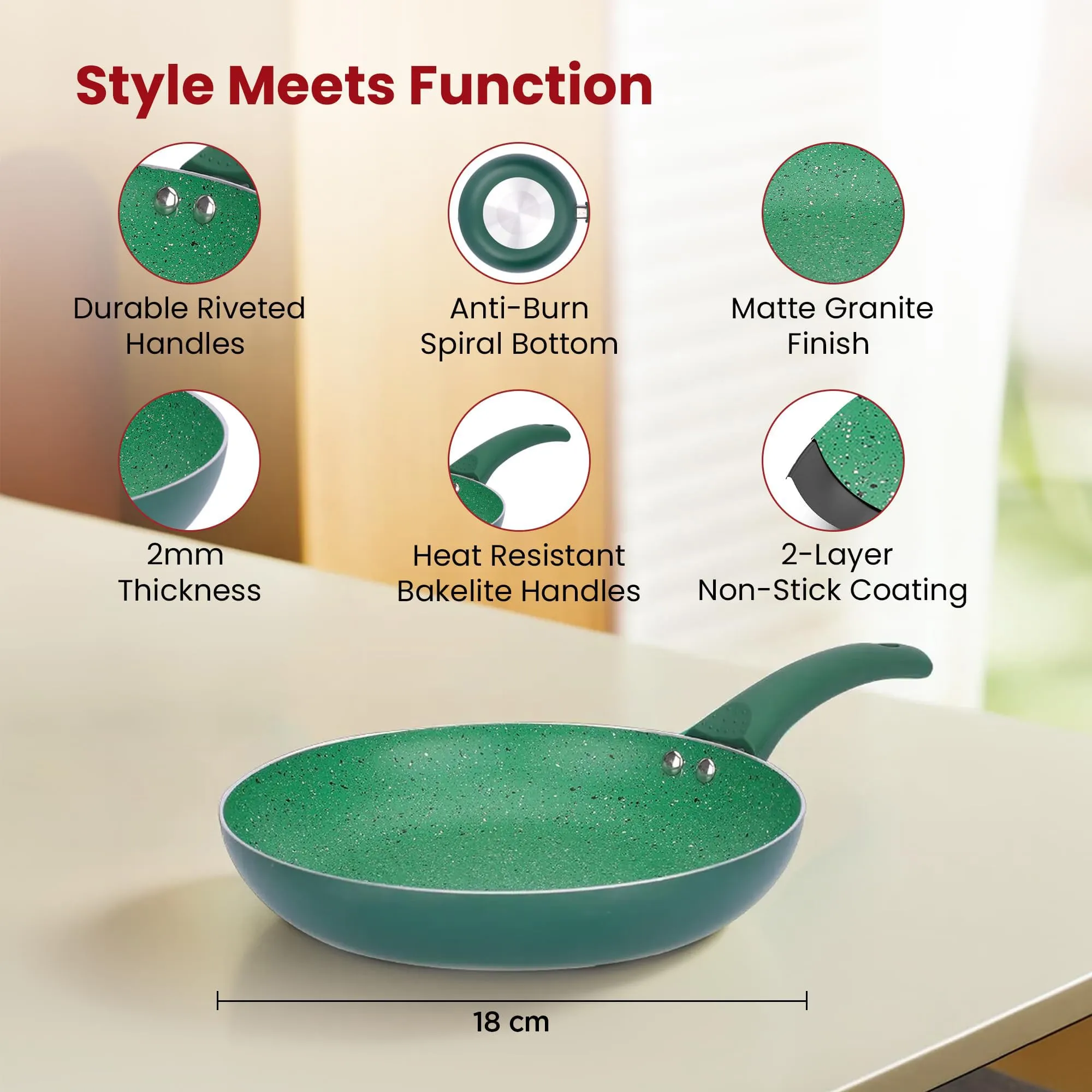 Kuber Industries Non-Stick Aluminum Frying Pan with Handle | Lightweight Induction Pan for Omelettes & Fish Cooking & Tadka | Scratch Resistent, Gas & Induction Compatible | Green