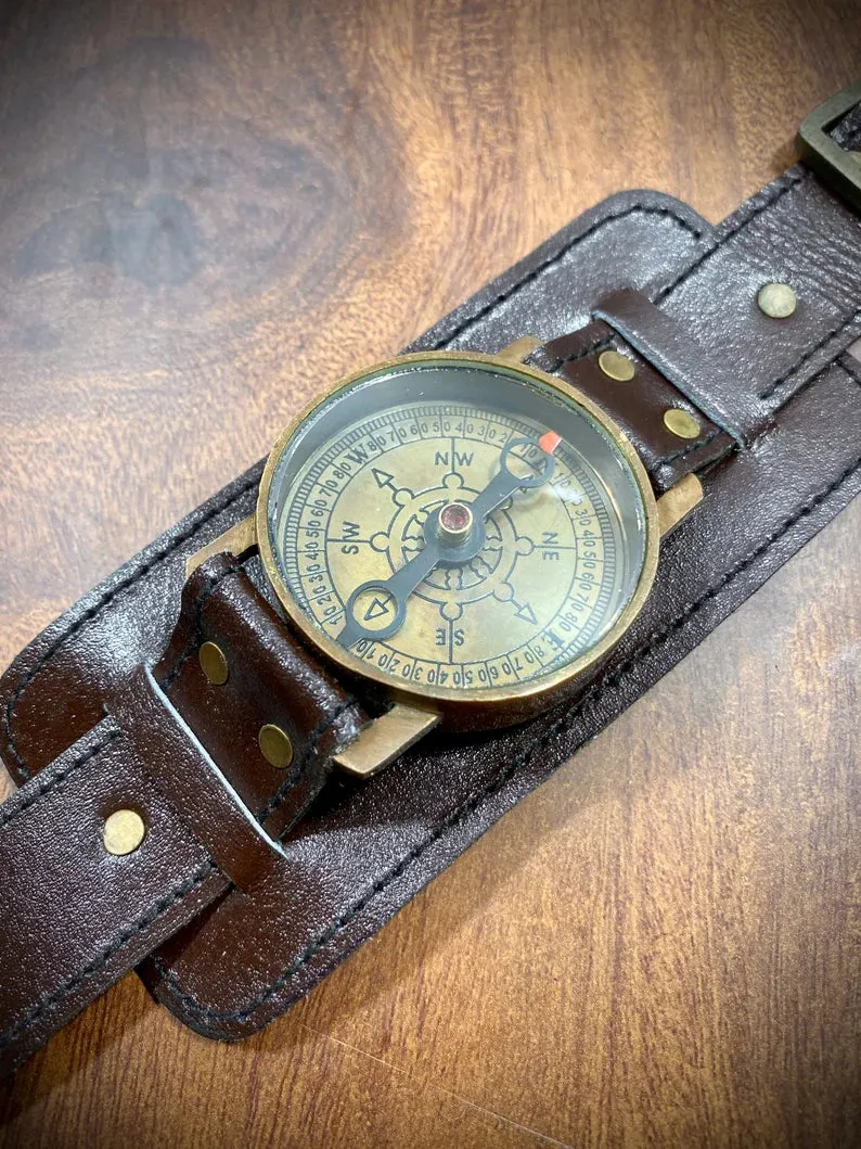 Leather Strap Steampunk Wrist Brass And Leather Compass Watch