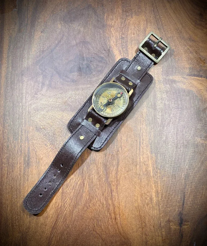 Leather Strap Steampunk Wrist Brass And Leather Compass Watch