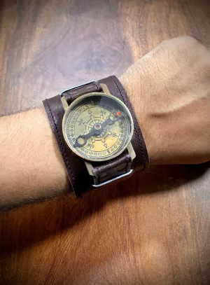 Leather Strap Steampunk Wrist Brass And Leather Compass Watch