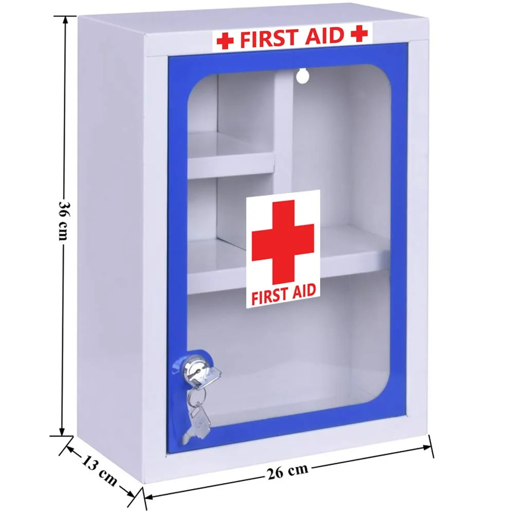 Plantex Metal First Aid Box for home with Multi Compartments Rectangular/Lockable Medicine Organizer box Big Size/Emergency Medical Box - (Blue & White) - Wall Mountable