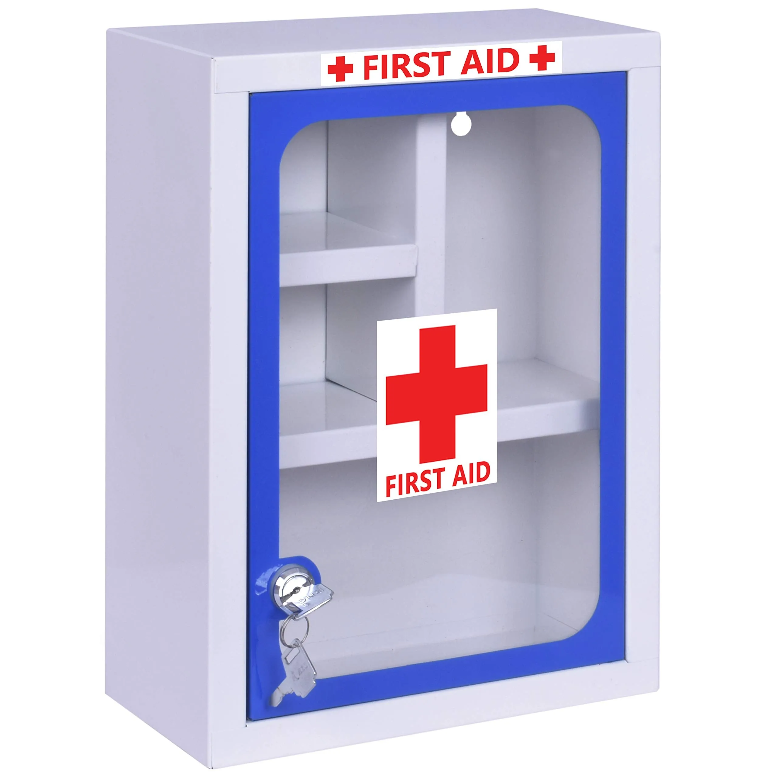 Plantex Metal First Aid Box for home with Multi Compartments Rectangular/Lockable Medicine Organizer box Big Size/Emergency Medical Box - (Blue & White) - Wall Mountable