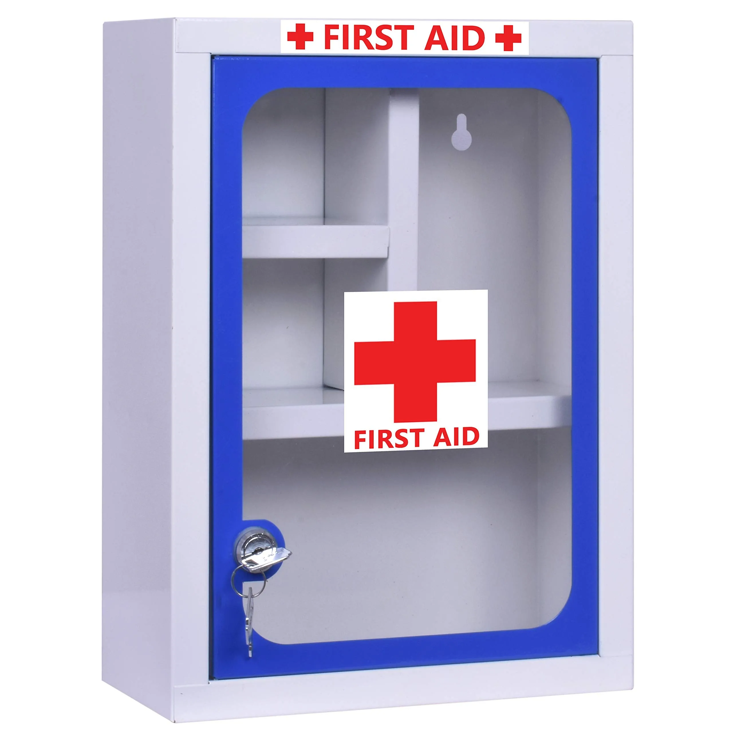 Plantex Metal First Aid Box for home with Multi Compartments Rectangular/Lockable Medicine Organizer box Big Size/Emergency Medical Box - (Blue & White) - Wall Mountable