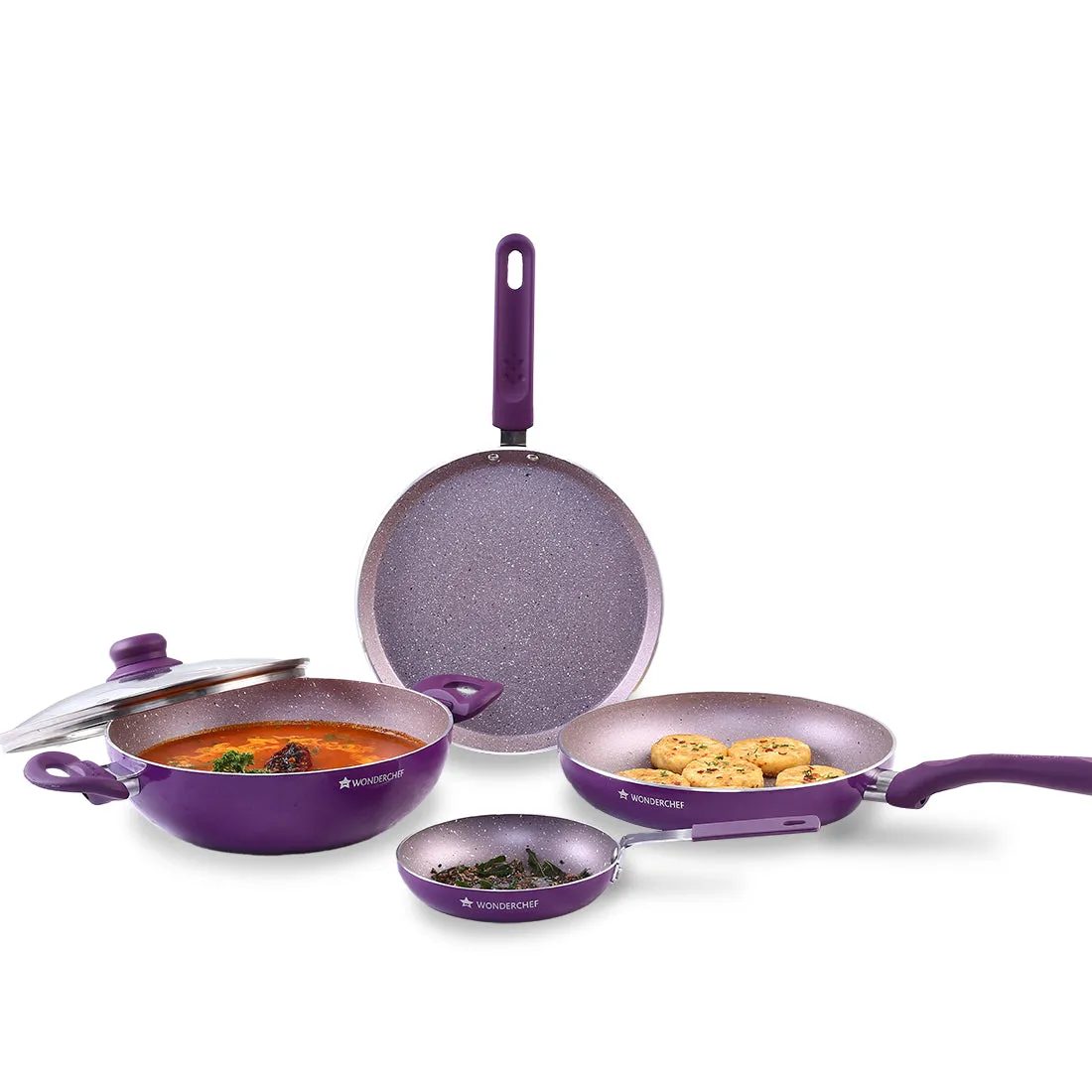 Royal Velvet Non-stick 5-piece Cookware Set (Fry Pan with Lid, Wok, Dosa Tawa, Mini Fry Pan) | Induction Ready (Dosa Tawa only)| Soft-touch handles |Non – Toxic I Virgin Aluminium | 3 mm thick | 2 years warranty | Purple