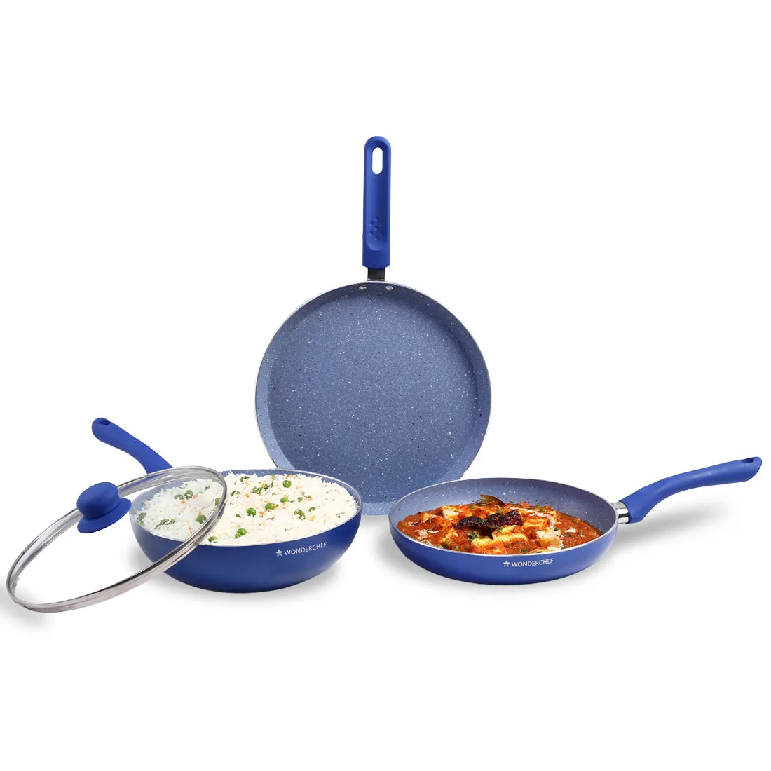 Royal Velvet Non-stick Cookware Set, 4Pc (Fry Pan with Lid, Wok, Dosa Tawa) Induction Bottom, Soft-touch Handles, Virgin Grade Aluminium, PFOA/Heavy Metals Free, 3mm, 2 Years Warranty, Blue