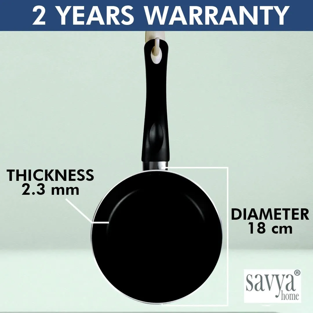 SAVYA HOME NON STICK Frying Pan | 18 cm | Stove &amp; Induction Cookware | Minimal Oil Cooking | Easy Grip Handle | 3 Layer Non Stick Coating | Non-Toxic &amp; Lightweight | 2 Year Warranty | Black