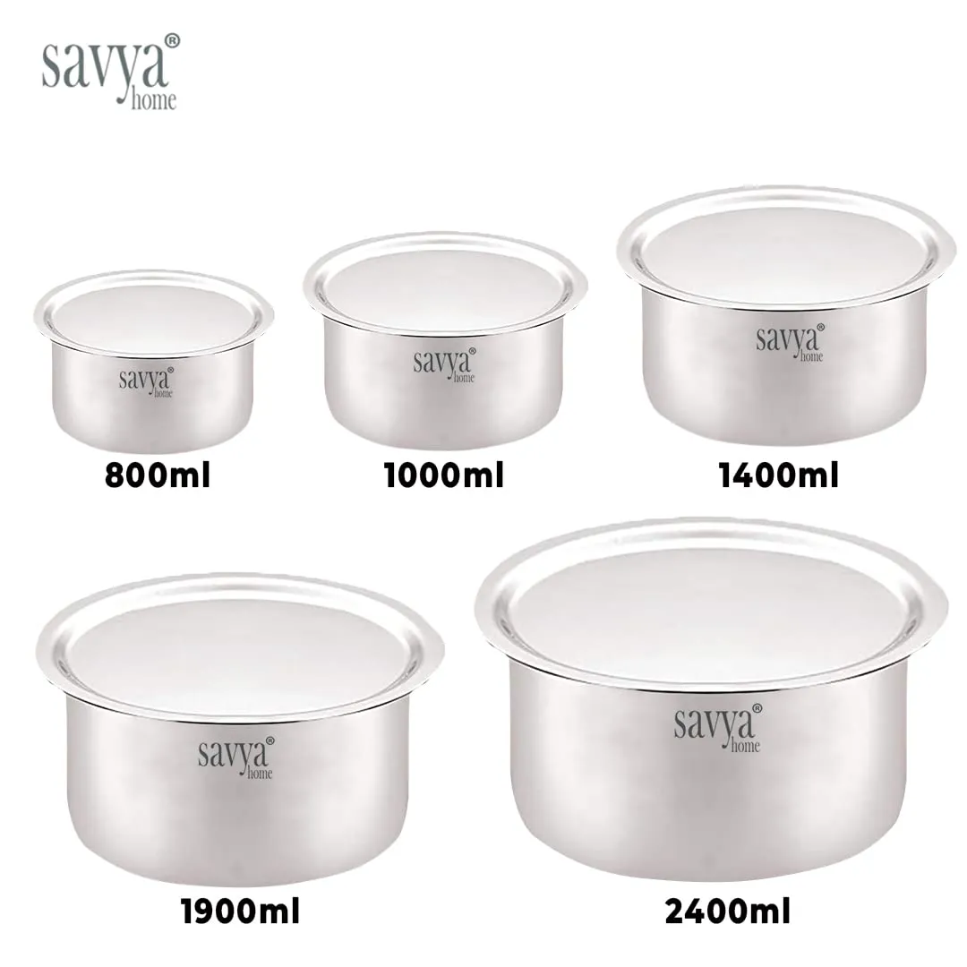 SAVYA HOME Stainless Steel Tope Set with Lid | Food Grade Stainless Steel, Durable & Wobble Free Base | Flat Bottom & Multipurpose | Suitable for Gas & Induction Stove | Tope Kitchen Set of 5