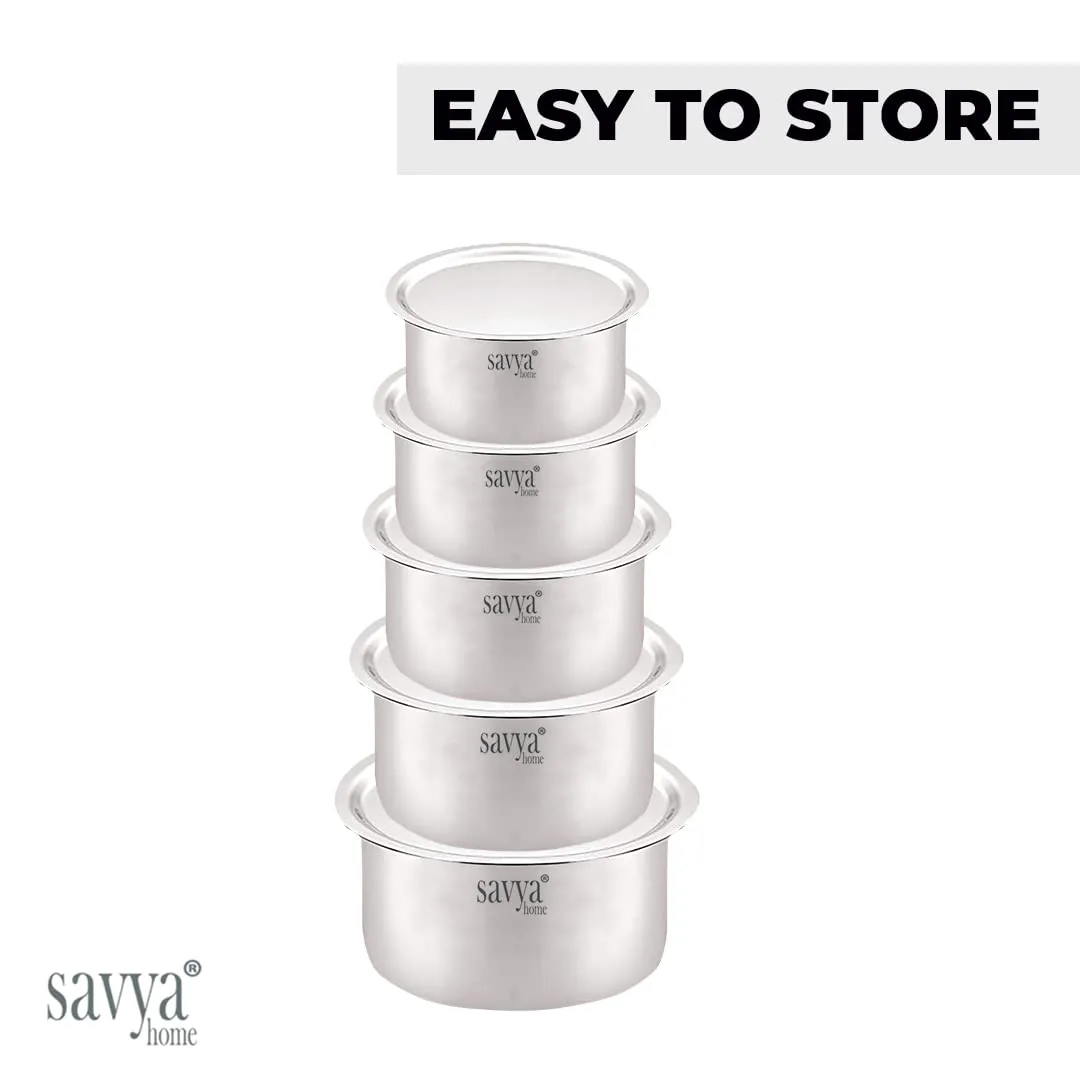 SAVYA HOME Stainless Steel Tope Set with Lid | Food Grade Stainless Steel, Durable & Wobble Free Base | Flat Bottom & Multipurpose | Suitable for Gas & Induction Stove | Tope Kitchen Set of 5