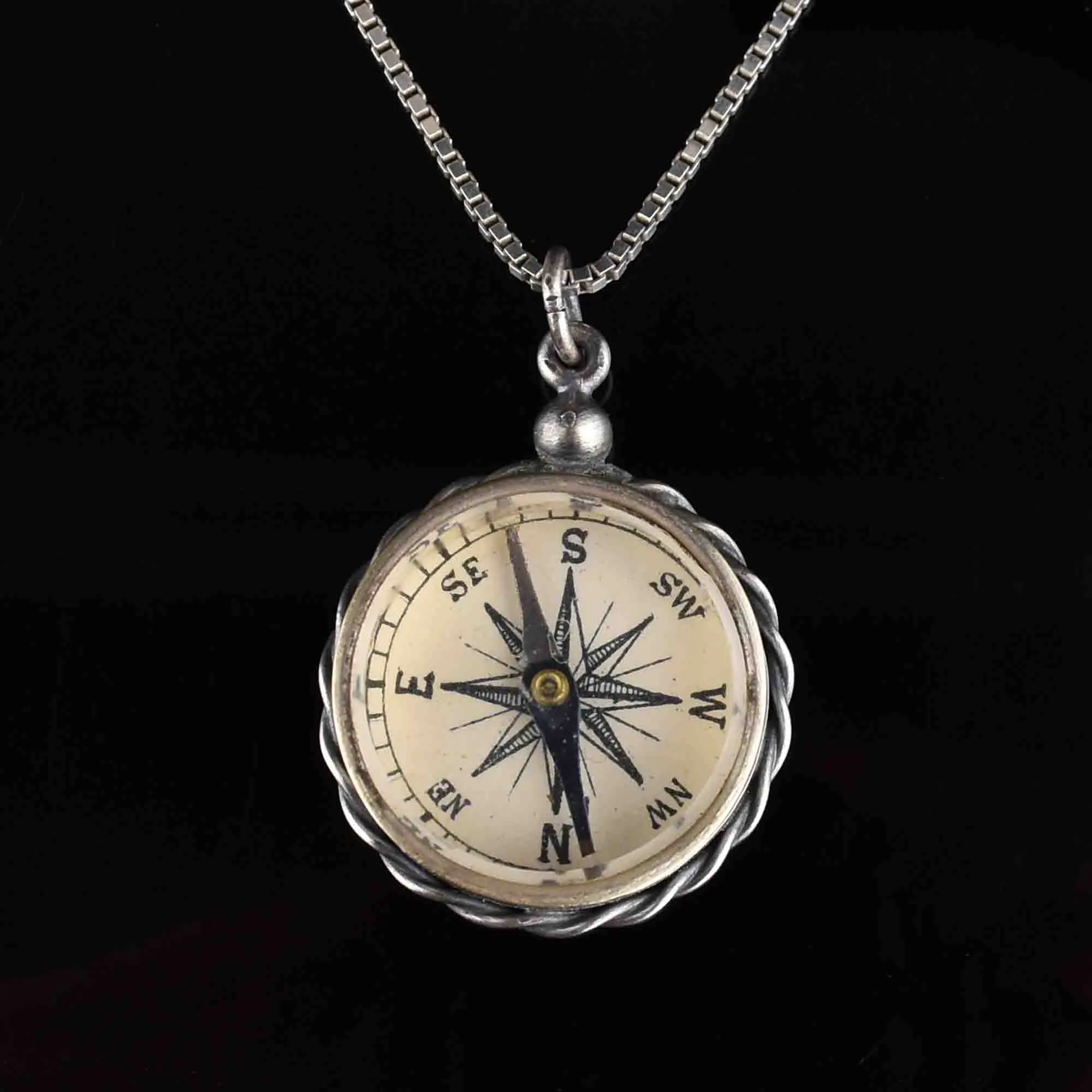 Sterling Silver Working Compass Fob Pendant Necklace