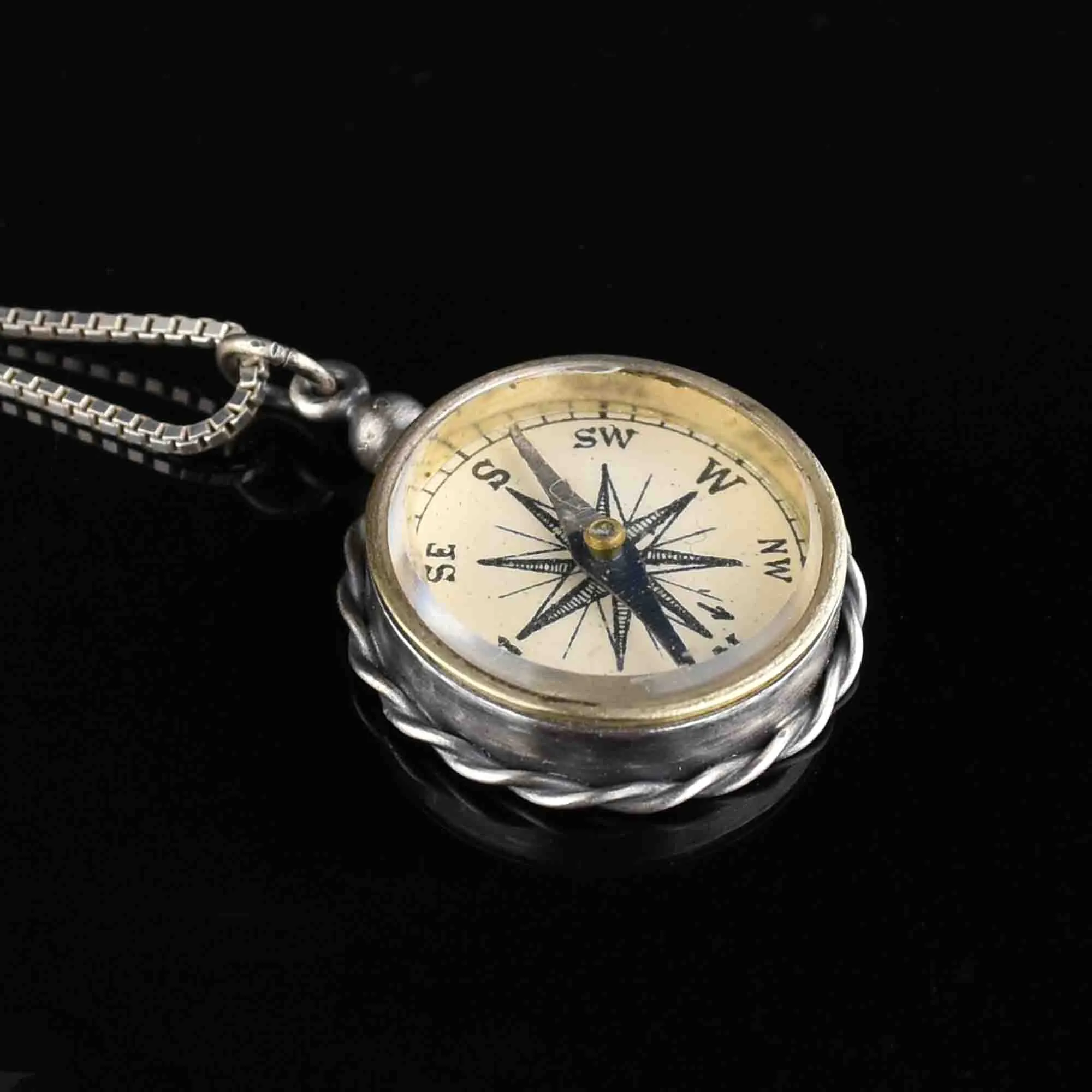 Sterling Silver Working Compass Fob Pendant Necklace