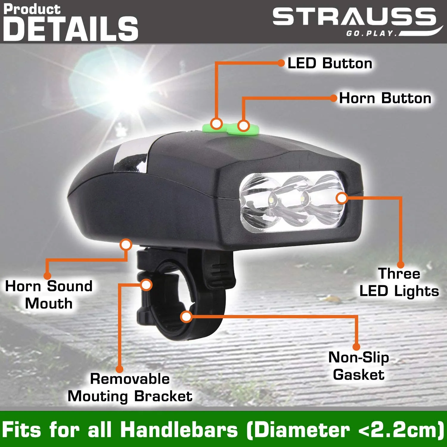 Strauss Bicycle Frame Bag, (Black) and Bicycle LED Headlight with Horn