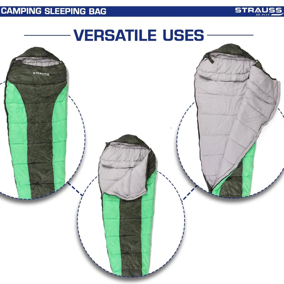 STRAUSS Mummy Shape Camping Sleeping Bag -5°C to 5°C |Can Be Used in Summer, Spring and Winter|Lightweight and Portable |Ideal for Travel Camping Hiking and Trekking | for Adults & Kids,(Black/Green)