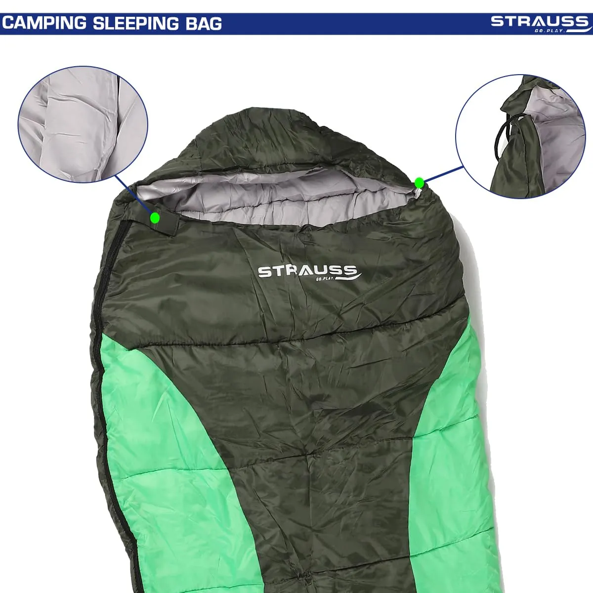 STRAUSS Mummy Shape Camping Sleeping Bag -5°C to 5°C |Can Be Used in Summer, Spring and Winter|Lightweight and Portable |Ideal for Travel Camping Hiking and Trekking | for Adults & Kids,(Black/Green)