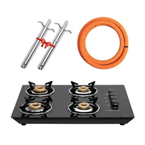 Surya Flame Apollo Round Hob Top 4 Burners Manual Glass Stove | LPG Gas Dual Layer Rubber Hose Pipe 1.5M | Chrome Stainless Steel Gas Lighter (Pack of 2)