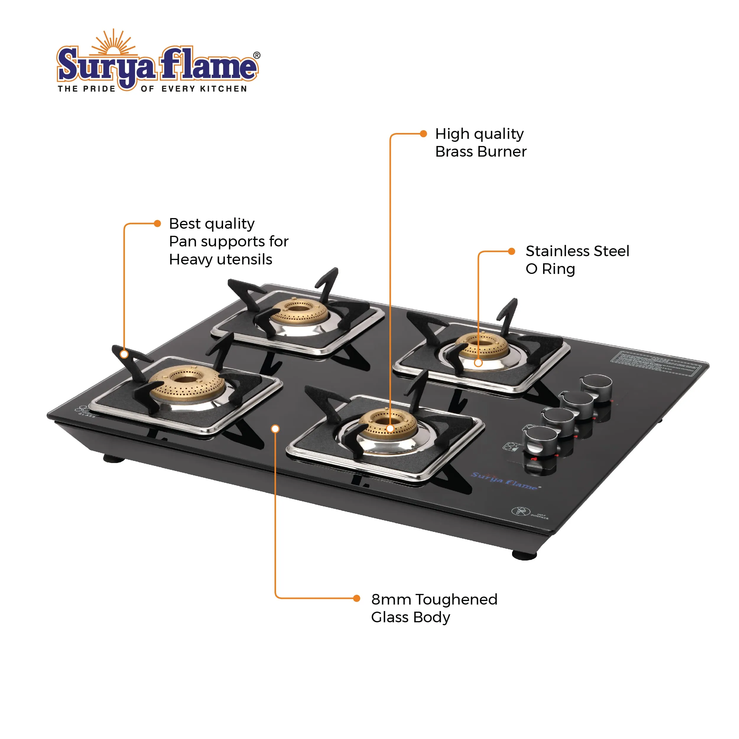 Surya Flame Apollo Square Hob Top 4 Burners Manual Glass Stove | LPG Gas Dual Layer Rubber Hose Pipe 1.5M | Elegant Gas Stove Lighter With Knife, Peeler Knife and Shredder (Pack of 4)