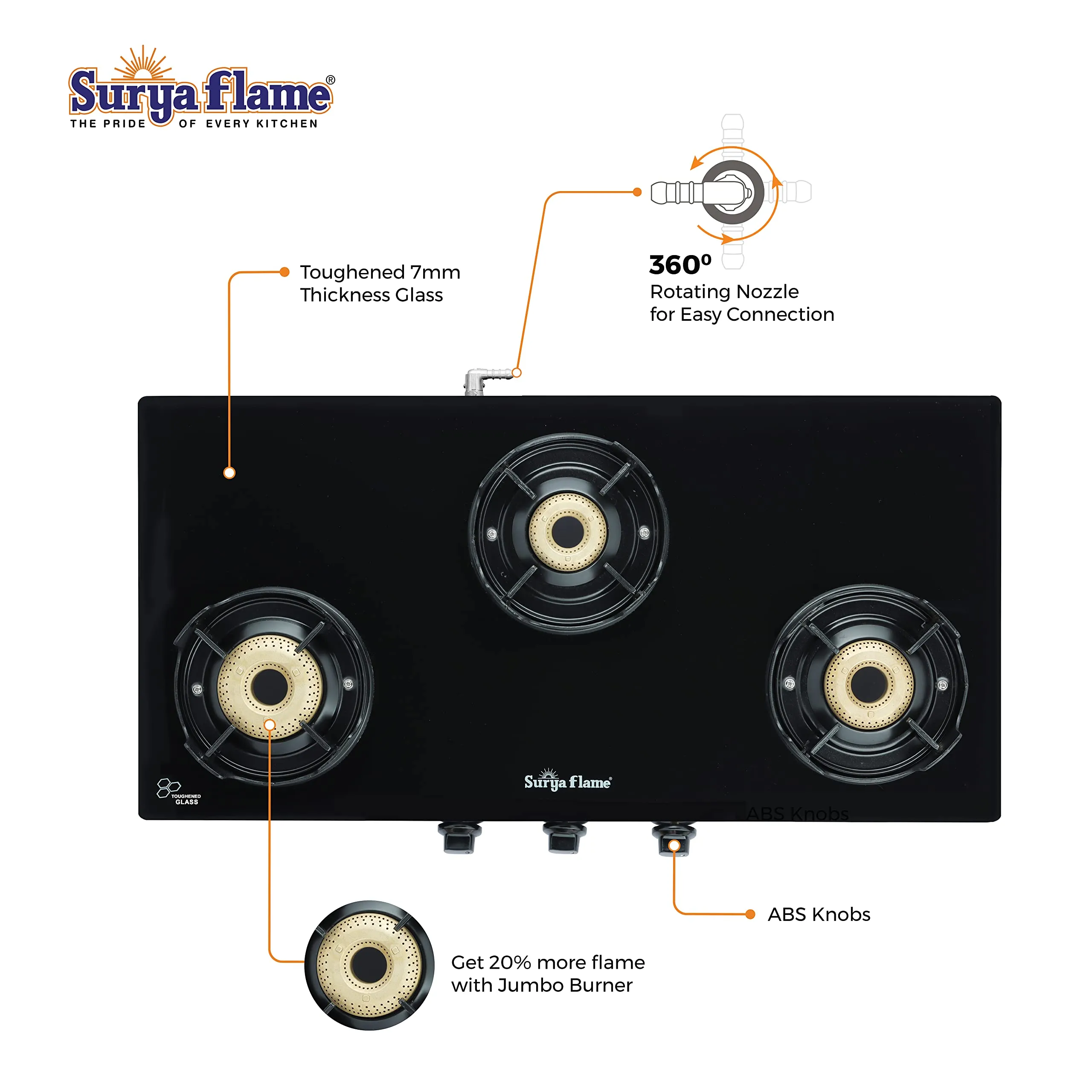 Surya Flame Black Beauty Gas Stove 3 Burners Glass Top LPG Stove | LPG Gas Dual Layer Rubber Hose Pipe 1.5M | Premier Stainless Steel Gas Lighter with Knife