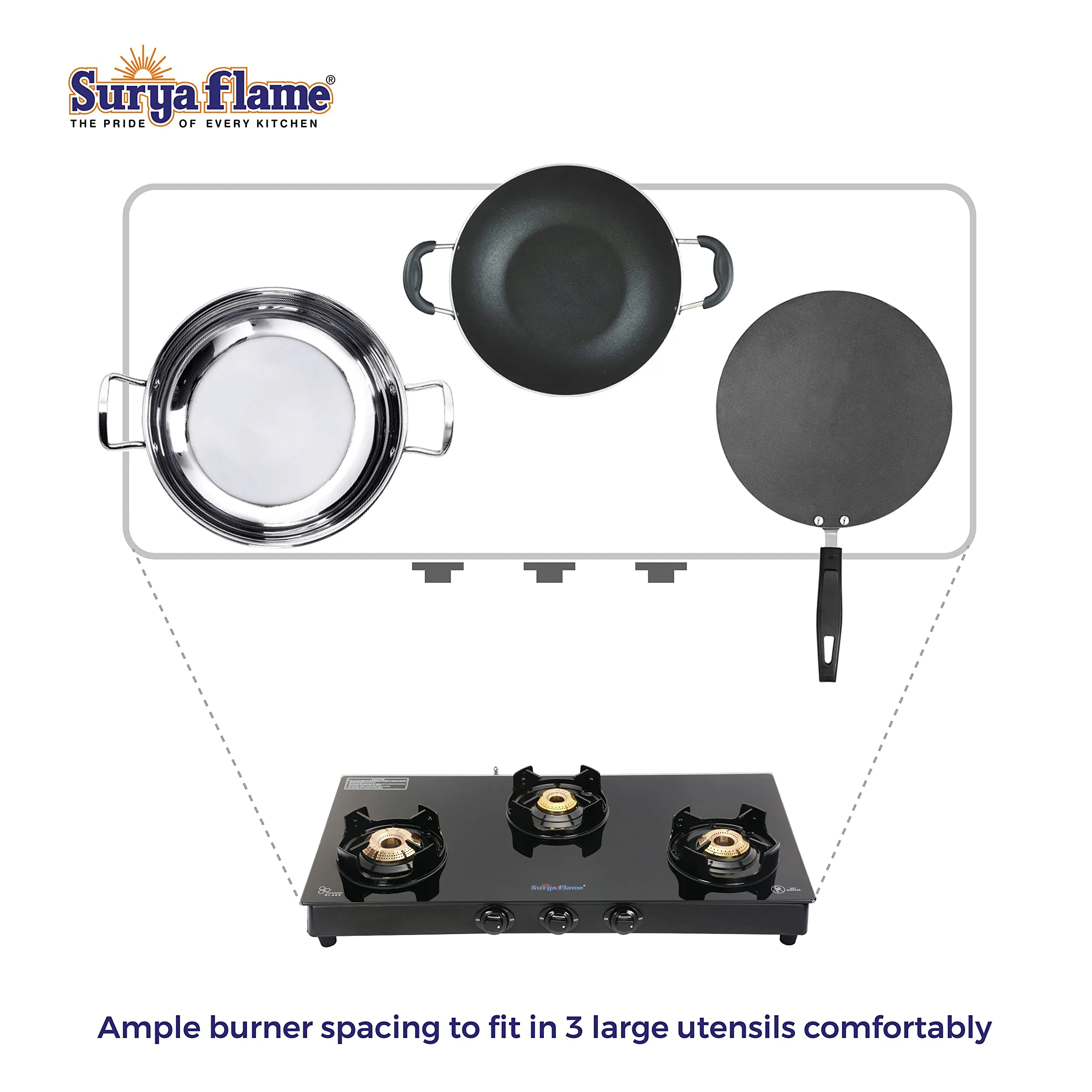 Surya Flame Black Beauty Gas Stove 3 Burners Glass Top LPG Stove | LPG Gas Dual Layer Rubber Hose Pipe 1.5M | Premier Stainless Steel Gas Lighter with Knife